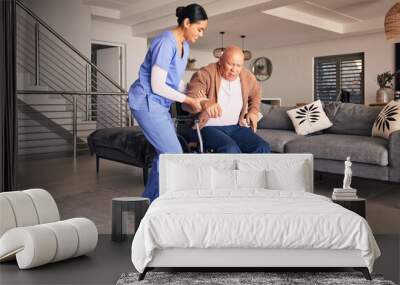 Nurse helping man in wheelchair, home and trust for medical service, physical therapy and support in retirement. Caregiver, woman and aid old patient with disability, rehabilitation and healthcare Wall mural