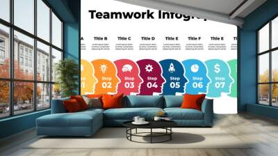 8 human heads infographic. Group of people. Teamwork business concept. Social distance. Vector slide template. Creative illustration.  Wall mural