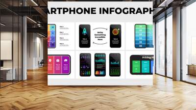 Smartphone infographic template presentation. 6 illustrations. Electronic device mockups. Puzzle banners, arrows, charts and diagrams. Wall mural