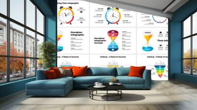 Vector time infographic. Clock circle diagram. Hourglass chart. Iceberg conceptual banner. Presentation slide template. Alarm concept with 6 options. Wall mural