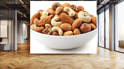 A bowl of mixed nuts, including almonds, cashews, and walnuts, arranged neatly and shown against a white background. The nuts are depicted in a clear and straightforward manner. Wall mural