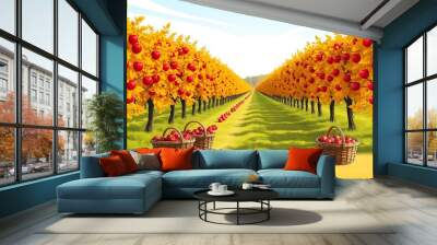 A bright and cheerful poster showing an apple orchard in the heart of autumn.  Wall mural