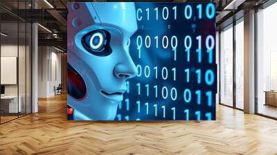 A close-up shot of a ai robot look interacting with a transparent screen displaying abstract binary code only 0 and 1 numbers. Wall mural