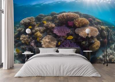 A dazzling underwater scene of a coral reef, with an explosion of colors from various coral species and marine life. Wall mural