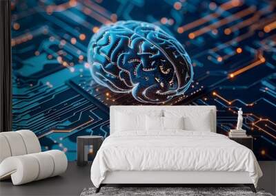 A digital brain with circuit patterns around it, symbolizing the artificial intelligence theme. Wall mural