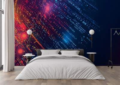 A dynamic background showcasing digital transformation themes with binary code and technology icons. Ideal for AI-driven business solutions and digital innovation. Wall mural