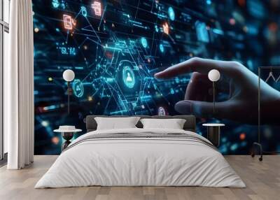 A futuristic stock photo showing a human hand interacting with a virtual interface, with digital icons and data streams floating around. Wall mural