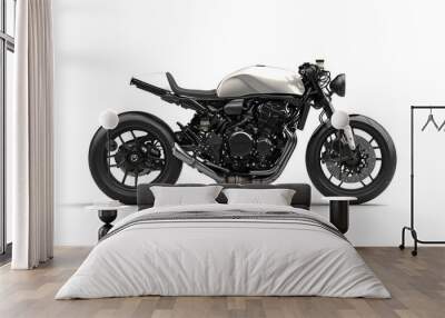 A powerful motorcycle in a static pose on a white background, emphasizing its sporty design and sleek features. The bike is shown in a side view, highlighting its details. Wall mural