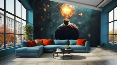 A thought-provoking stock photo of a light bulb hovering above a person’s head, symbolizing the moment of inspiration or a new idea. Wall mural