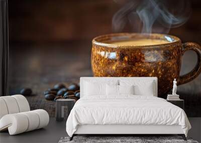 A warm stock photo featuring a close-up of a steaming cup of freshly brewed coffee in a rustic ceramic cup. Wall mural