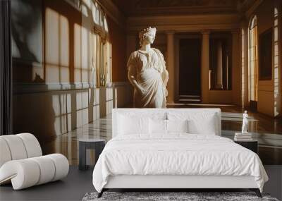 An awe-inspiring photograph of a grand marble statue of Athena, standing tall in a classical art gallery. Wall mural