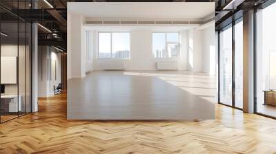 An image of a bright, empty apartment interior, showcasing a spacious, unfurnished living area with large windows that flood the room with natural light.	
 Wall mural