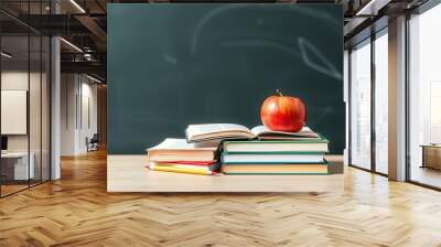 apple on books with pencils and empty blackboard - back to school
 Wall mural