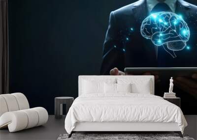 Businessman holding tablet with hologram brain and artificial intelligence. Wall mural