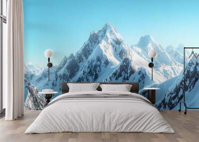 Dramatic images of snow-covered mountain peaks against clear blue skies, emphasizing the majesty of winter landscapes. Suitable for winter sports ads and travel brochures. Wall mural