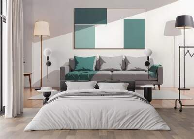 Modern interior with a gray sofa and wooden floor lamp on a white background, mockup template for product presentation. White wall background with a grey fabric couch and a green blanket. Wall mural