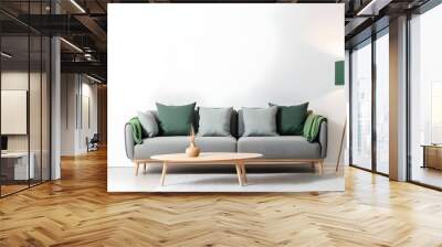 Modern interior with a gray sofa and wooden floor lamp on a white background, mockup template for product presentation. White wall background with a grey fabric couch and a green blanket. Wall mural