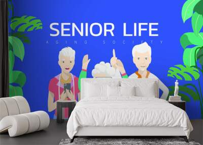 Vector illustration - Three elderly people. Fashionista holding smartphone. Old woman enjoy VR goggles. Old man dancer. Wall mural