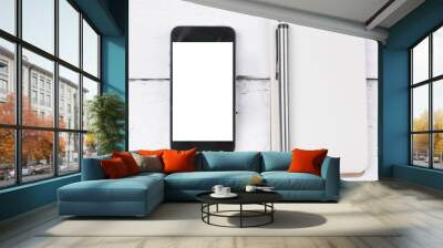 smart phone and note paper on wood table Wall mural