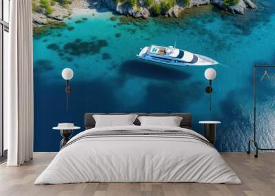 Aerial drone top down of luxury boat in blue sea Wall mural