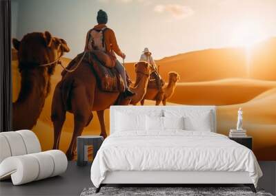 Camel ride, tourist group tour riding camel Wall mural