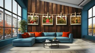 Christmas photos hanging on rope on wooden wall Wall mural