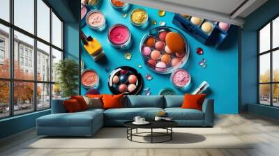 Cosmetic decorative on colorful table (Ai generated) Wall mural