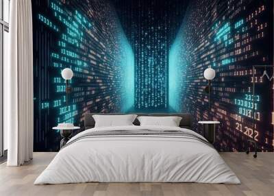 Digital binary code matrix background 3D render (Ai generated) Wall mural