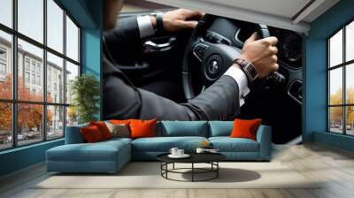 Driving, Business man in black suit drive a luxury car(Ai generated) Wall mural