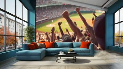 Fans cheering in a baseball stadium, focus on the crowd Wall mural