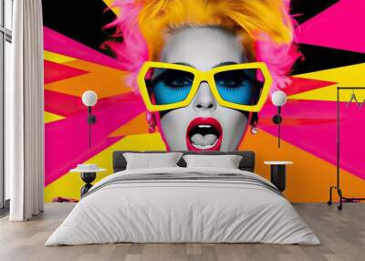 Fashion model with sunglass pop art collage style in neon color Wall mural