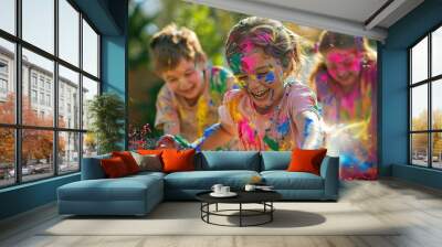 Fun Paint Fight Outdoors: Happy Children Splattering Each Other with Colorful Paint in Bright Daylight Backyard Fun Wall mural