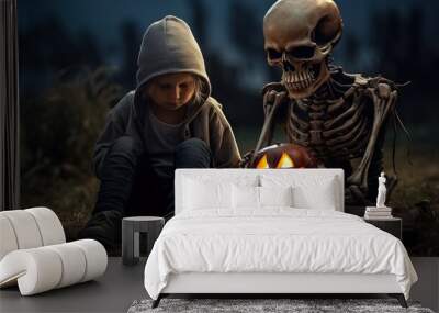 Halloween, Boy sit near skeleton Wall mural