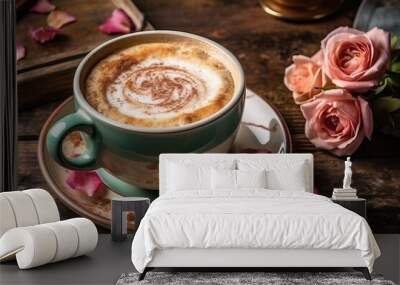 Latte Art in a Coffee Mug, Beautiful Roses Adorning a Brown Rustic Table - Coffee Shop Aesthetics, Barista's Craft, Cafe Delicacy, Romantic Coffee Scene Wall mural