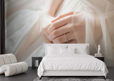 Wedding ring on woman finger, closed up hand Wall mural