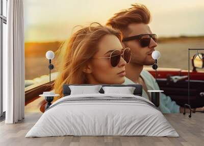 Young attractive couple posing in convertible luxury car Wall mural