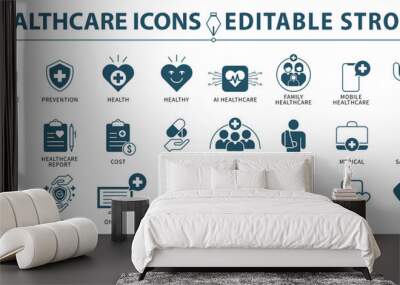 Healthcare icon set. Containing medical, health, diagnosis, report, treatment, prevention, injury, illness and more.  Editable stroke. Vector illustration. Wall mural