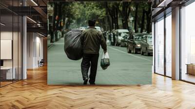 A man with a massive bag of trash walking on a city sidewalk, portraying the everyday grind and urban survival. Wall mural