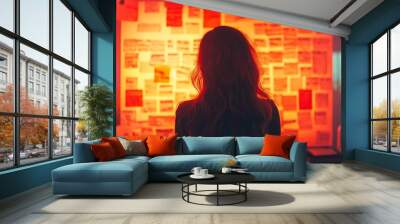 A woman in silhouette stands before a wall covered in sticky notes, capturing focus, strategic thinking, and creative planning. Wall mural