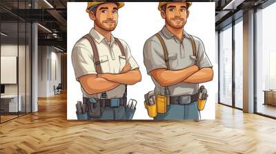 Vector illustration of two electricians in safety helmets with tool belts. Perfect for construction, engineering, or repair service branding and educational visuals. Wall mural