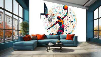 Illustration of a basketball player dunking on the loop, colourful abstract art Wall mural