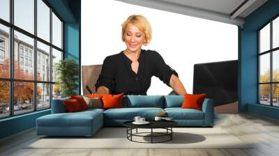 office corporate portrait of young beautiful and happy business woman working relaxed at laptop computer desk smiling confident in job success isolated on white Wall mural