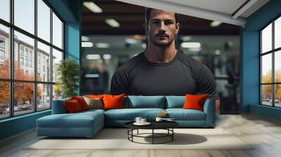 A bodybuilder with a musclebound chest and defined jawline, sporting facial hair, stands in a gym, ready for a physical fitness event, sleeves rolled up, confidently looking at the camera Wall mural