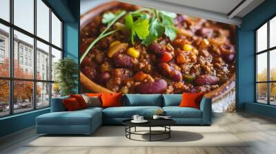 A bowl of chili, a flavorful and hearty dish made with a mixture of ingredients like produce, is placed on a rustic wooden table Wall mural