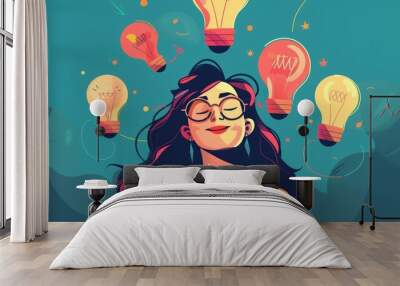 A cheerful woman had a brilliant idea as she explained a concept using a whimsical cartoon illustration Wall mural