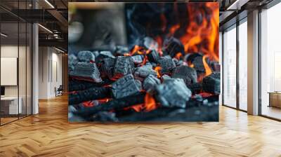 A close up photo of a gas barbecue grill with fiery coals and flames, creating a vibrant and dynamic image of outdoor cooking as an art form. Wall mural