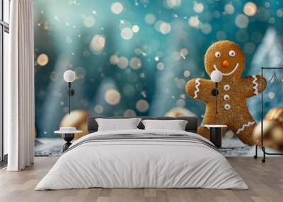 A gingerbread man hides or peeks from trees in a glittery winter scene. Wall mural