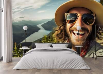 A man with a hat and sunglasses is seen smiling while taking a selfie in the mountains. The sunny weather highlights his casual attire as he captures the picturesque landscape behind him. Wall mural