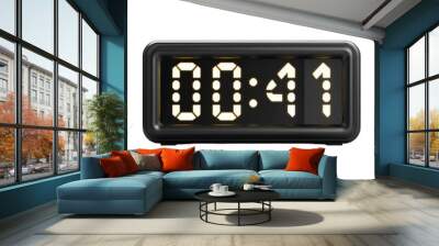 A sleek black digital clock set against a crisp transparent background displays the time as 00 41 forty one minutes standing out boldly on transparent background Wall mural