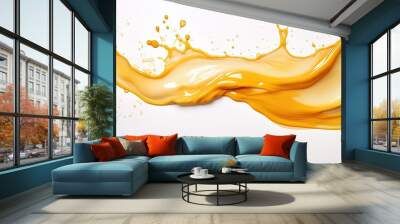 A splash of orange juice creates a fluid gesture of amber liquid on a white background, resembling a macro photography art piece or a painting in a cuisine ingredient font Wall mural